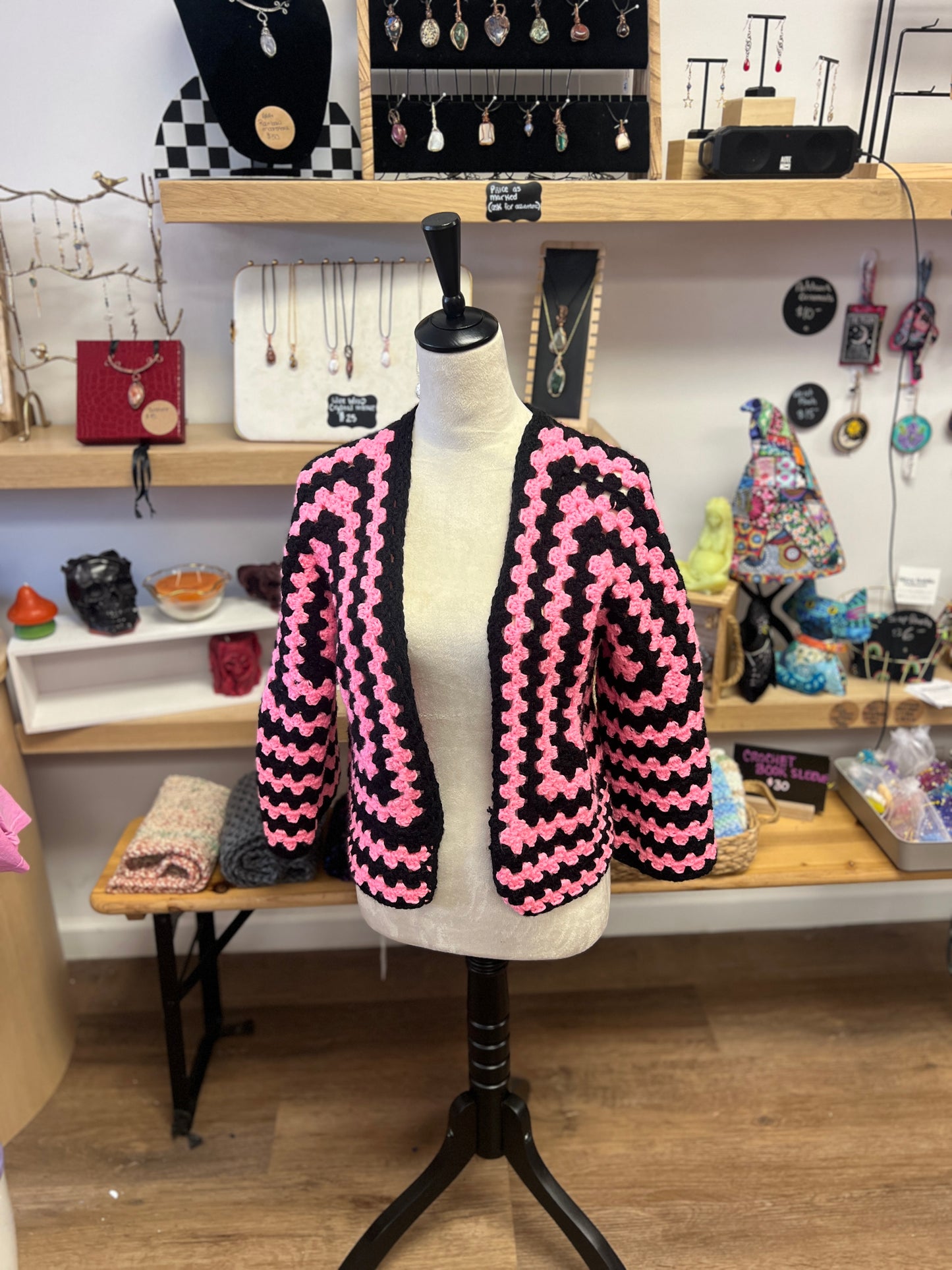 Pink & Black Granny Stitch Cardigan