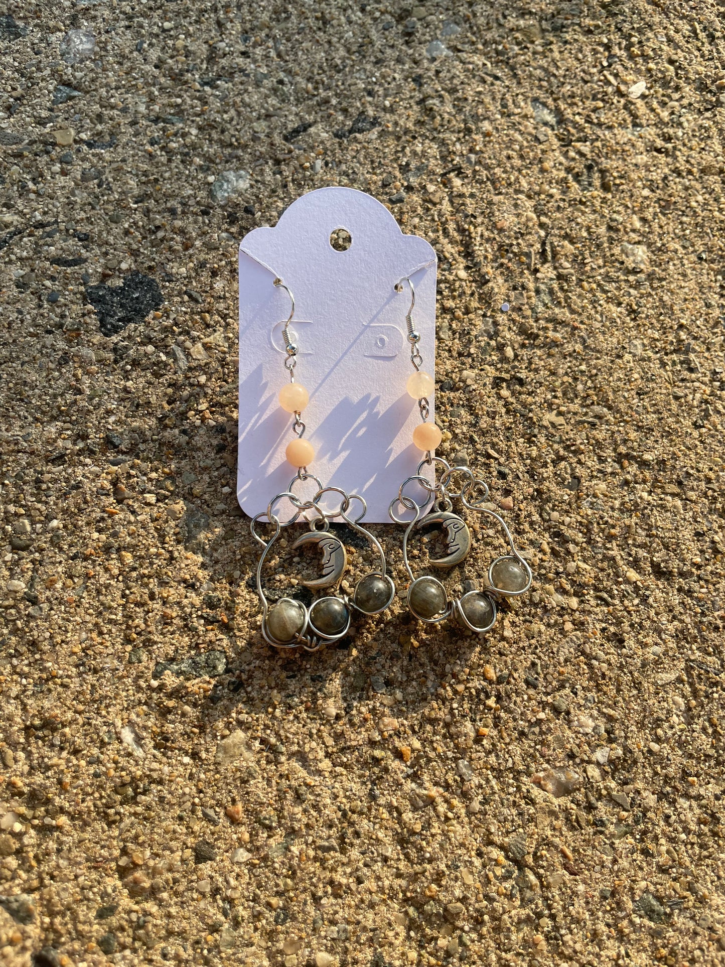 Sunstone and Labradorite Wire Wrapped Moon Earrings