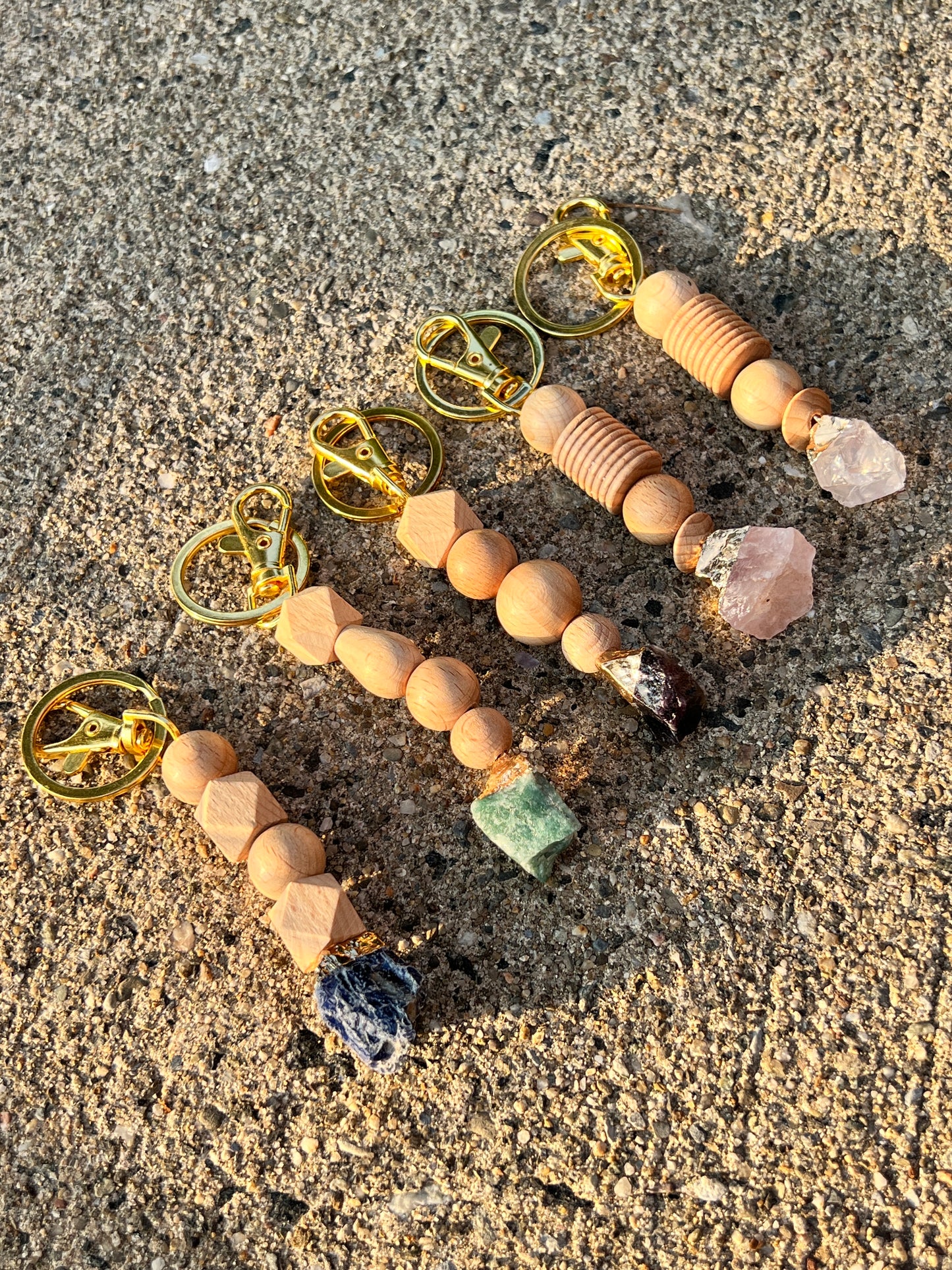 Crystal Chunk Wooden Bead Keychain