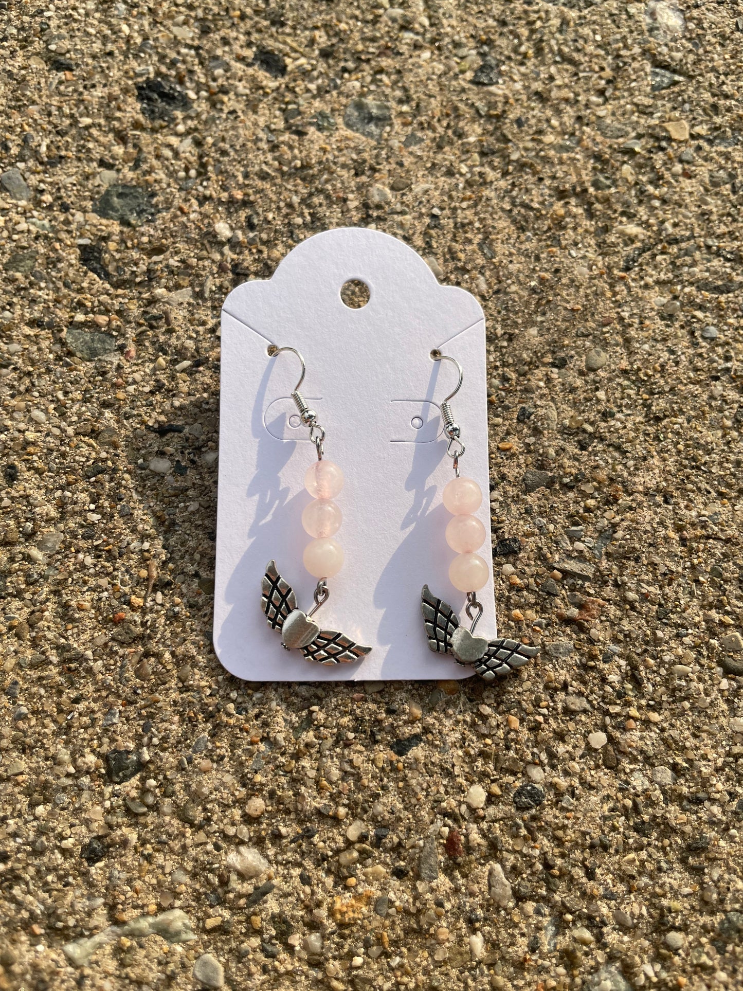 Rose Quartz and Heart Wing Earrings
