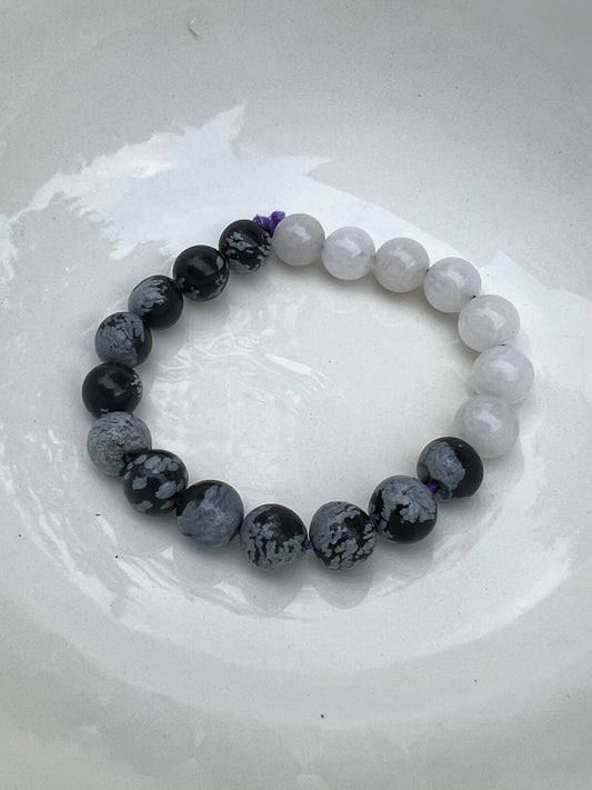 Snowflake Obsidian and Labradorite Elastic Bracelet - Spiritual Insight and Emotional Grounding