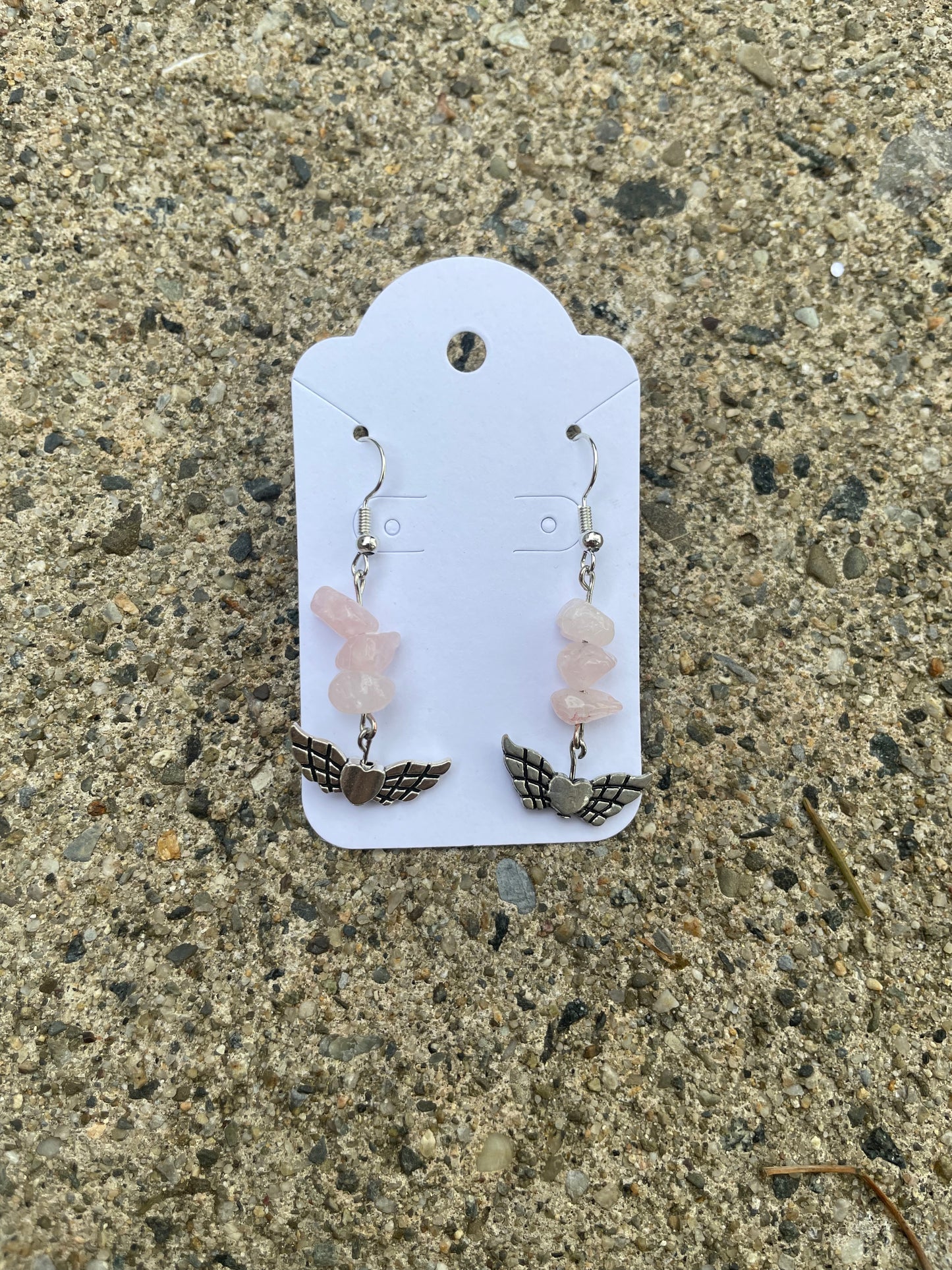 Rose Quartz and Heart Wing Earrings